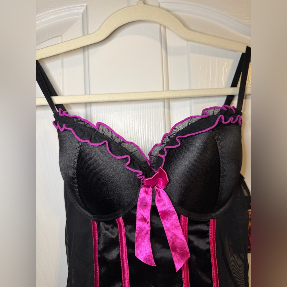 NWT Satin Black and Pink Chemise with Lace Trim and Panties - Picture 4 of 8